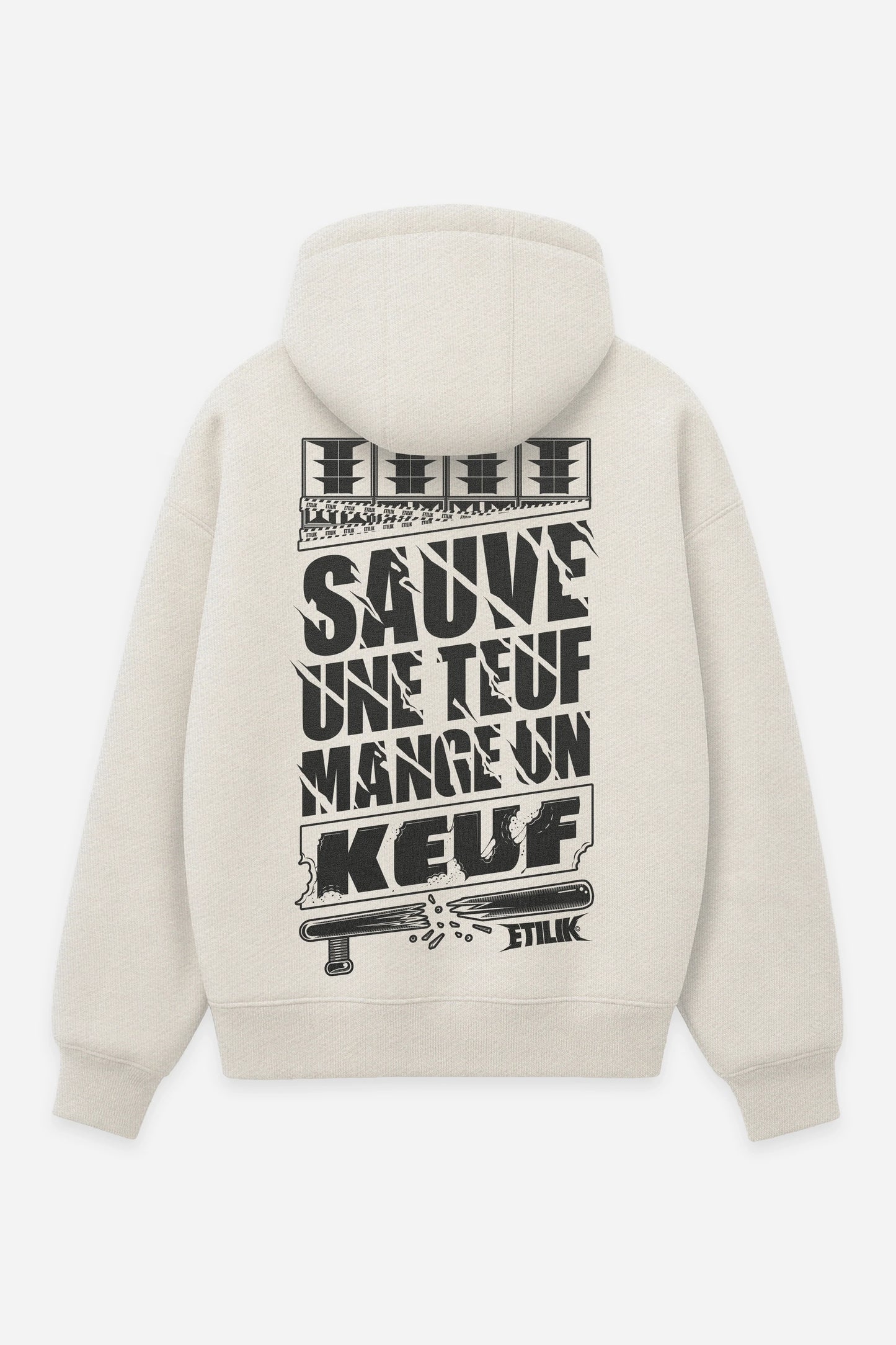 Hoodie Sauve une teuf mange un keuf vanilla, dos : design free party teuf rave, sweat à capuche Etilik Wear