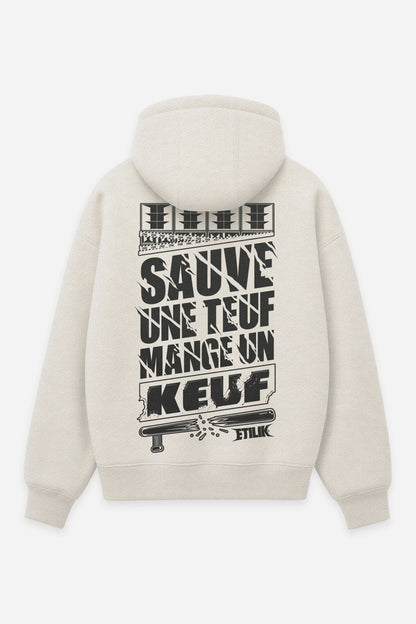 Hoodie Sauve une teuf mange un keuf vanilla, dos : design free party teuf rave, sweat à capuche Etilik Wear