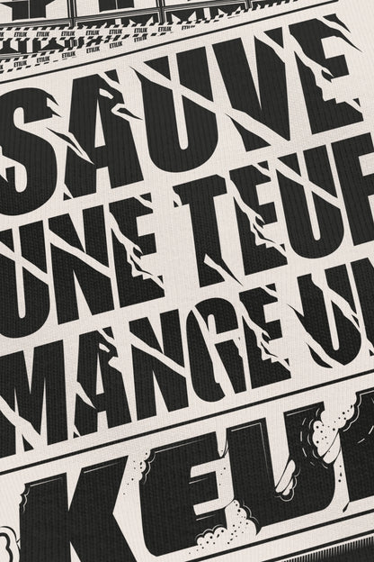 Sauve une teuf mange un keuf Vanilla, zoom sur l'impression du visuel, Etilik Wear