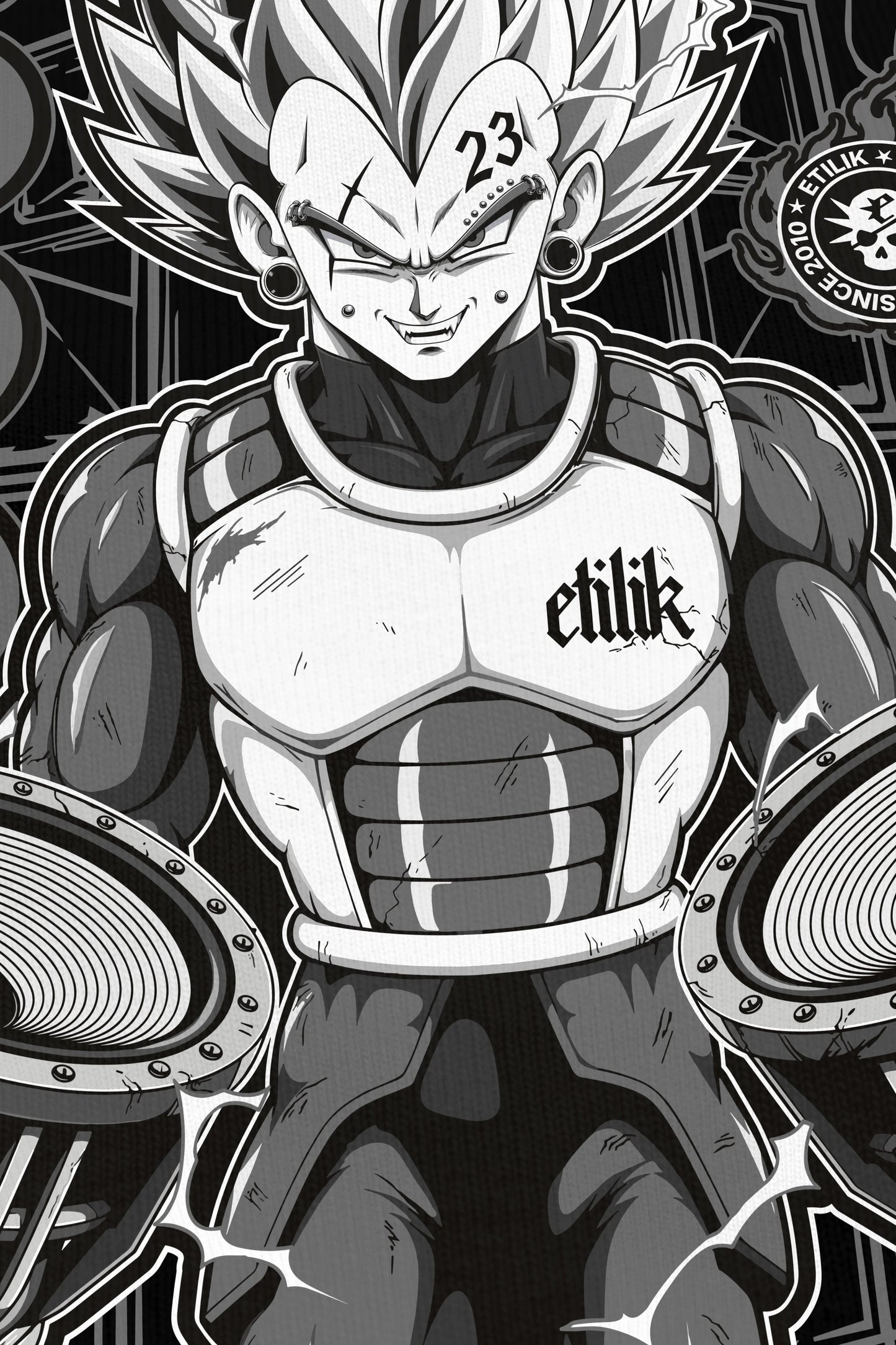 Vegebass noir coloris grey, zoom sur l'impression du visuel, bootleg Vegeta Dragon Ball Z, Etilik Wear