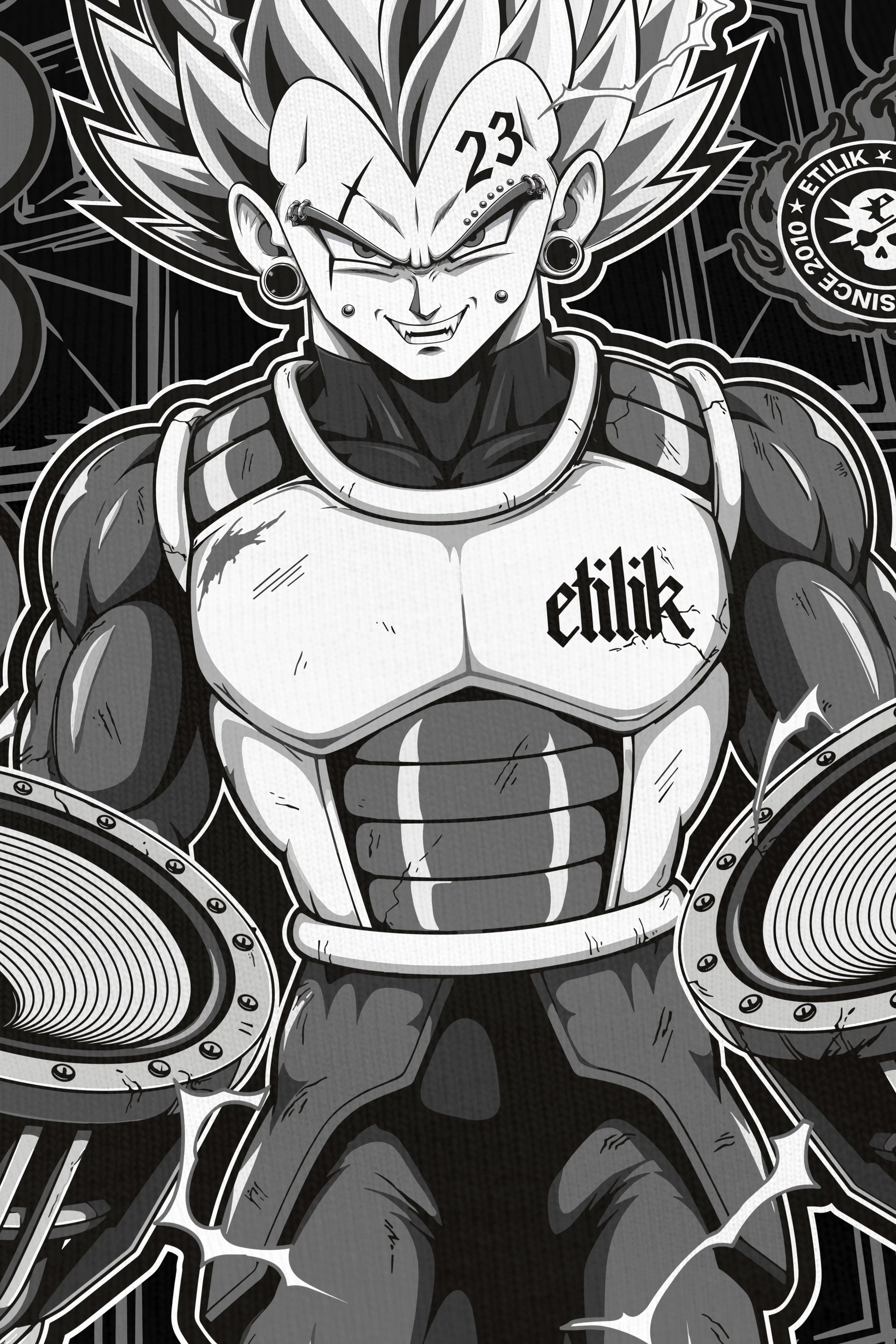 Vegebass noir coloris grey, zoom sur l'impression du visuel, bootleg Vegeta Dragon Ball Z, Etilik Wear