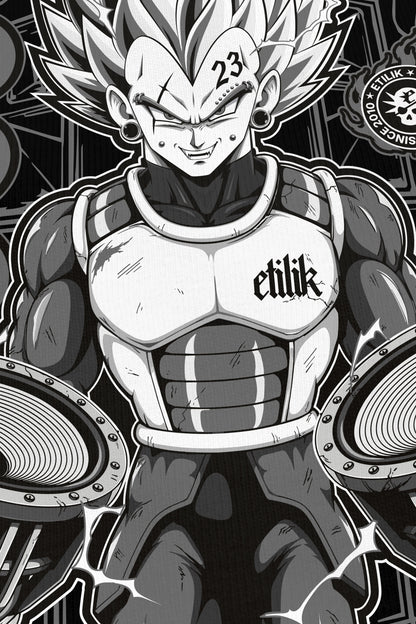 Vegebass noir coloris grey, zoom sur l'impression du visuel, bootleg Vegeta Dragon Ball Z, Etilik Wear