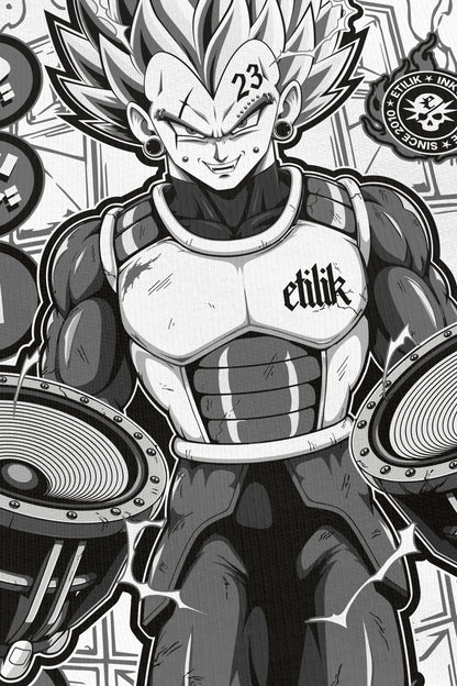 Vegebass blanc coloris grey, zoom sur l'impression du visuel, bootleg Vegeta Dragon Ball Z, Etilik Wear