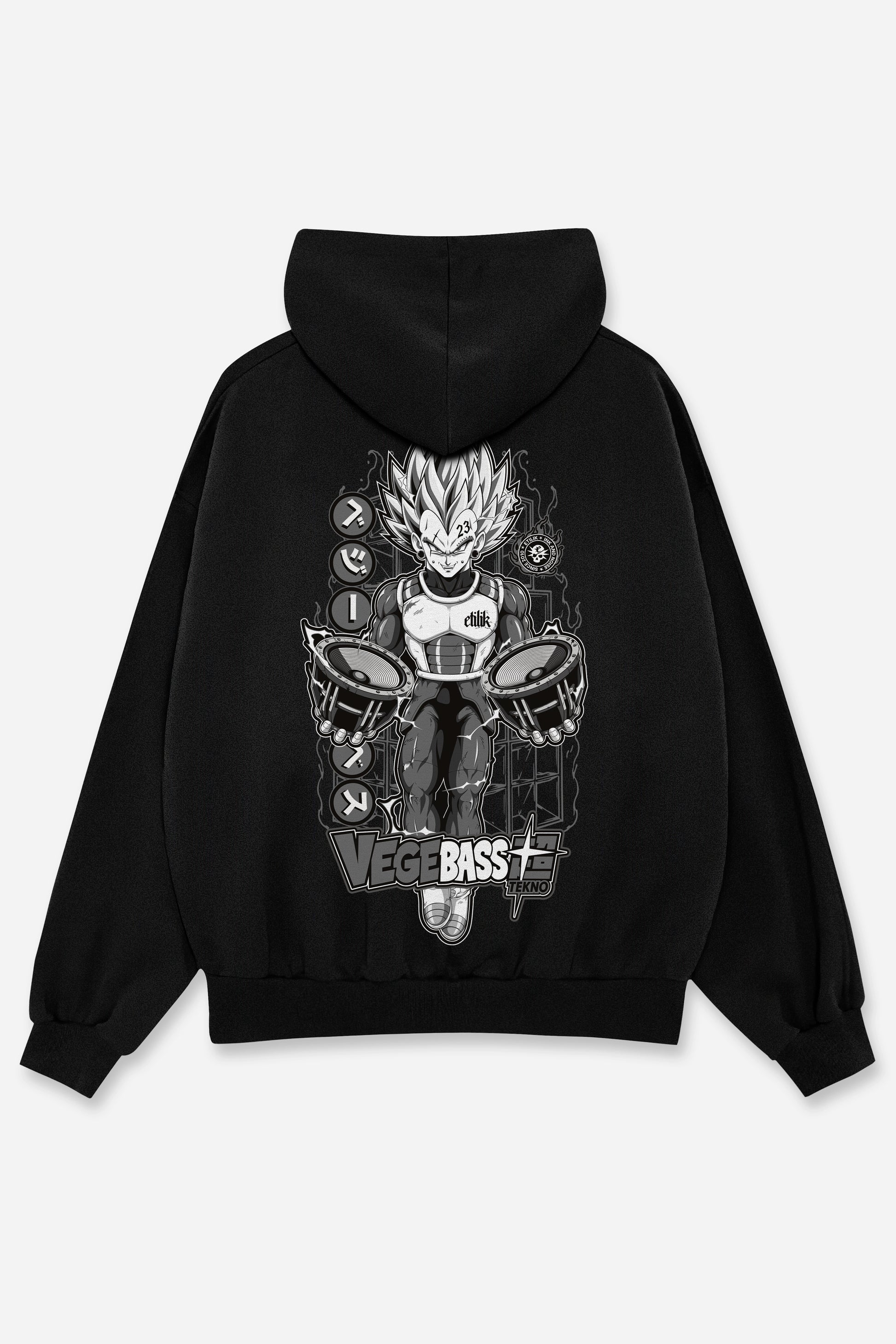 Hoodie Vegebass noir, coloris Grey, dos : bootleg de Vegeta Super Saiyan (Dragon Ball Z), sweat à capuche Etilik Wear