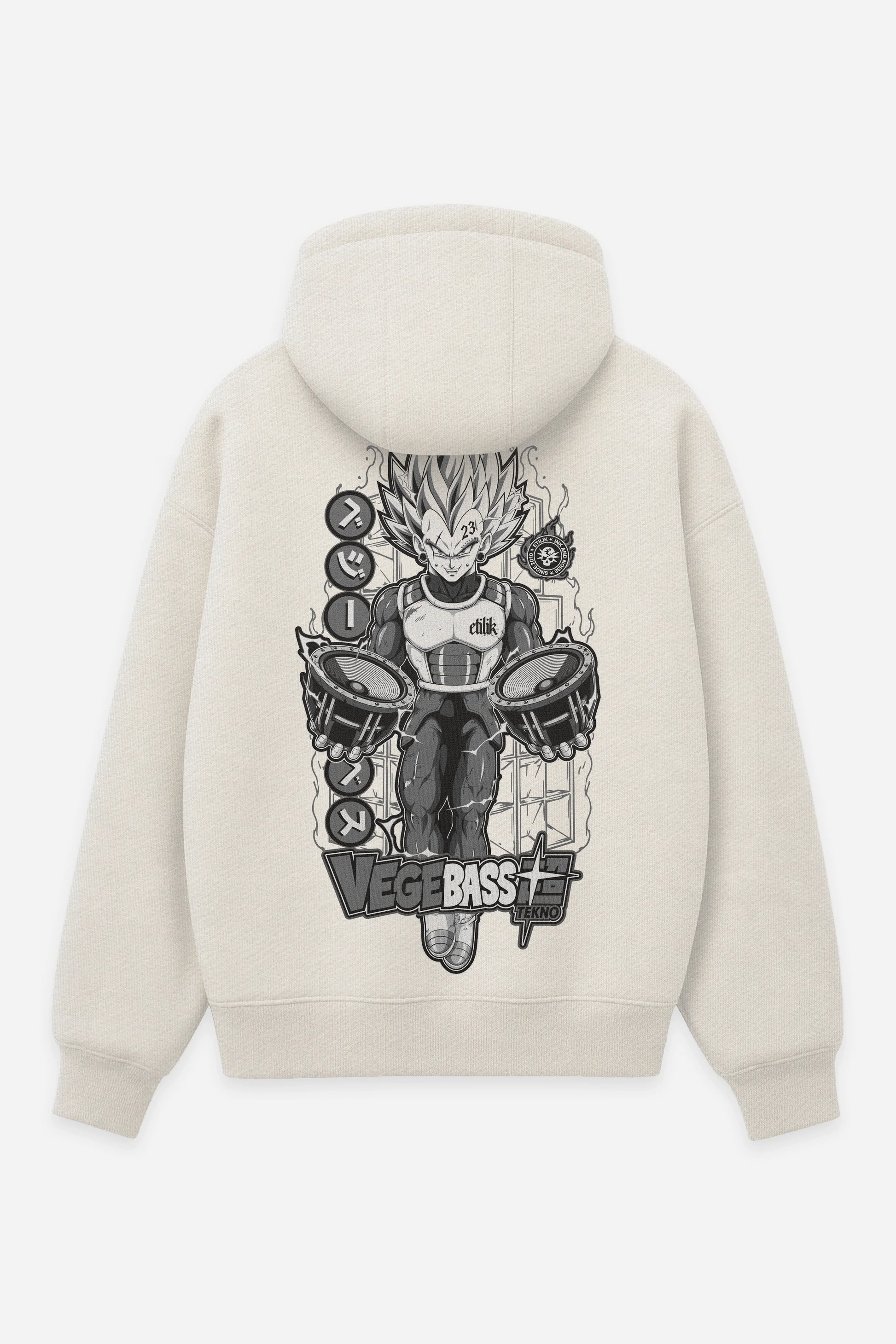 Hoodie Vegebass grey vanilla, dos : bootleg Vegeta DBZ, design manga tekno, sweat à capuche Etilik Wear