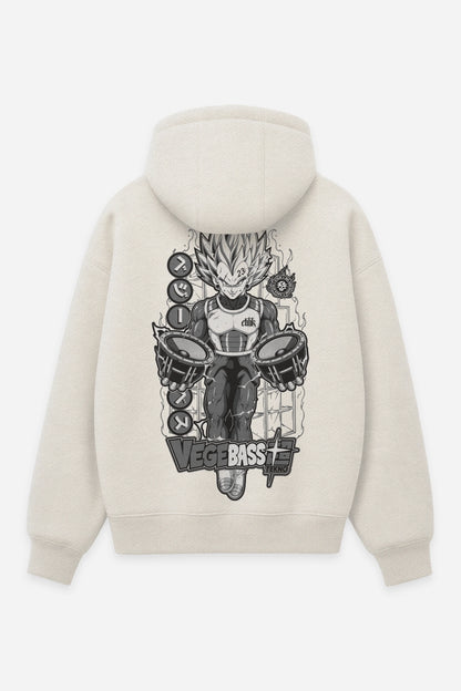 Hoodie Vegebass grey vanilla, dos : bootleg Vegeta DBZ, design manga tekno, sweat à capuche Etilik Wear