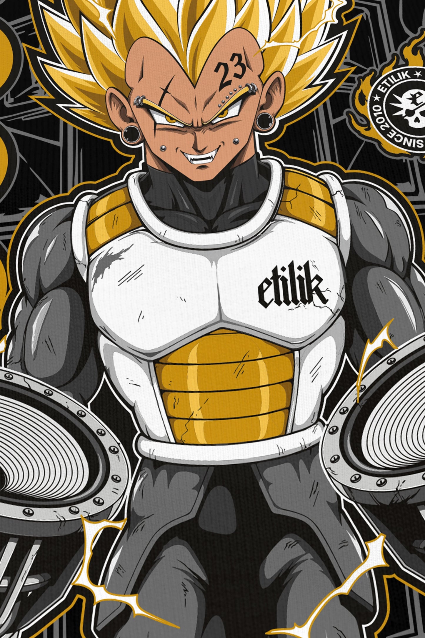 Vegebass noir, zoom sur l'impression du visuel, bootleg Vegeta Dragon Ball Z, Etilik Wear
