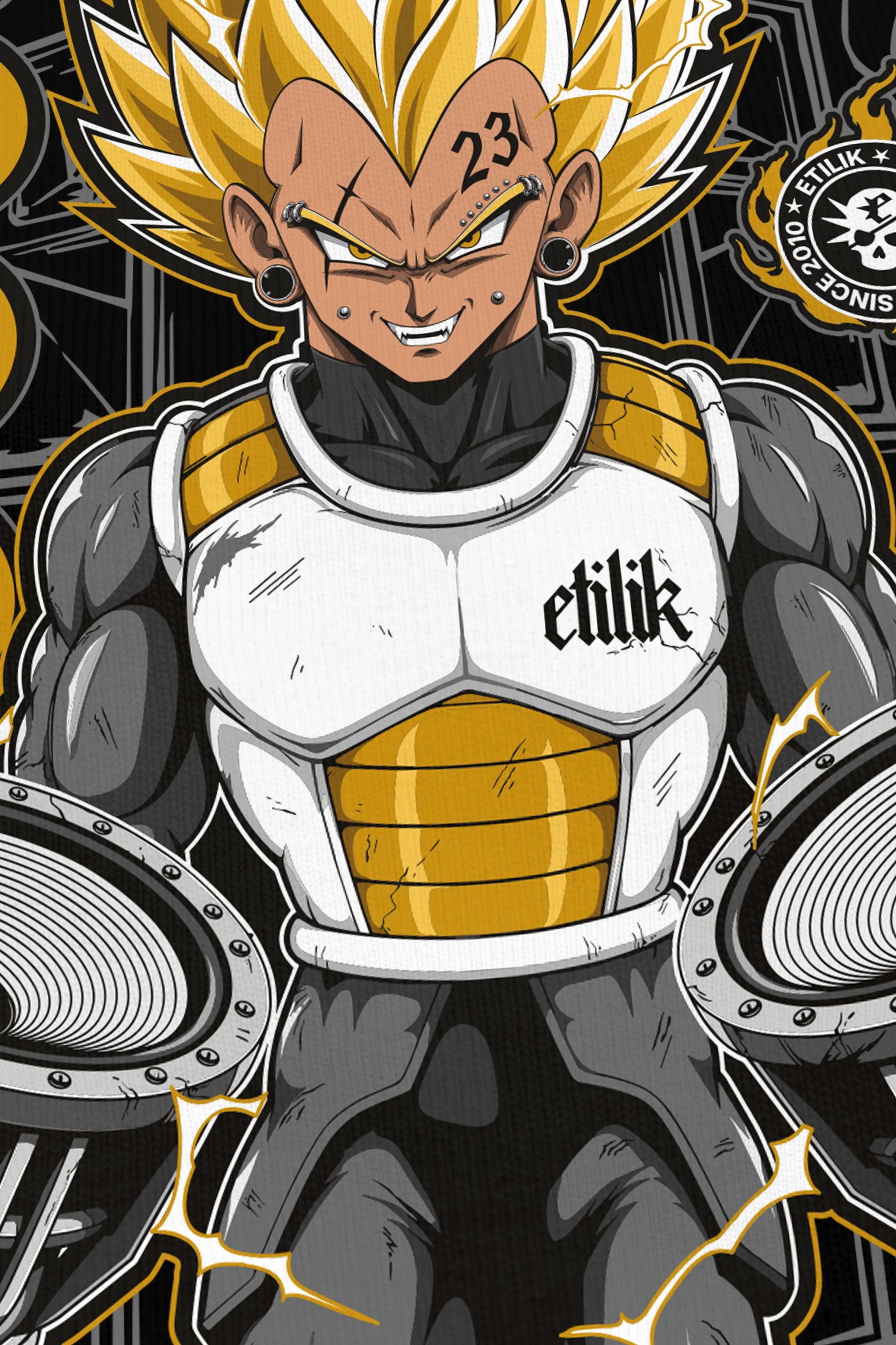 Vegebass noir, zoom sur l'impression du visuel, bootleg Vegeta Dragon Ball Z, Etilik Wear