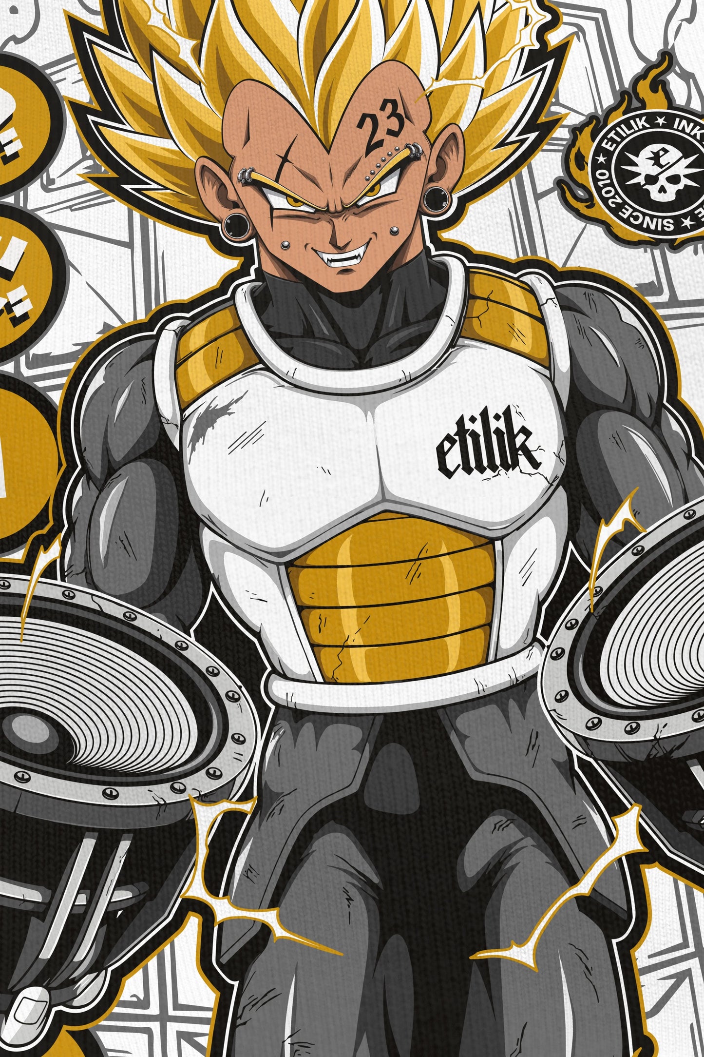 Vegebass blanc, zoom sur l'impression du visuel, bootleg Vegeta Dragon Ball Z, Etilik Wear