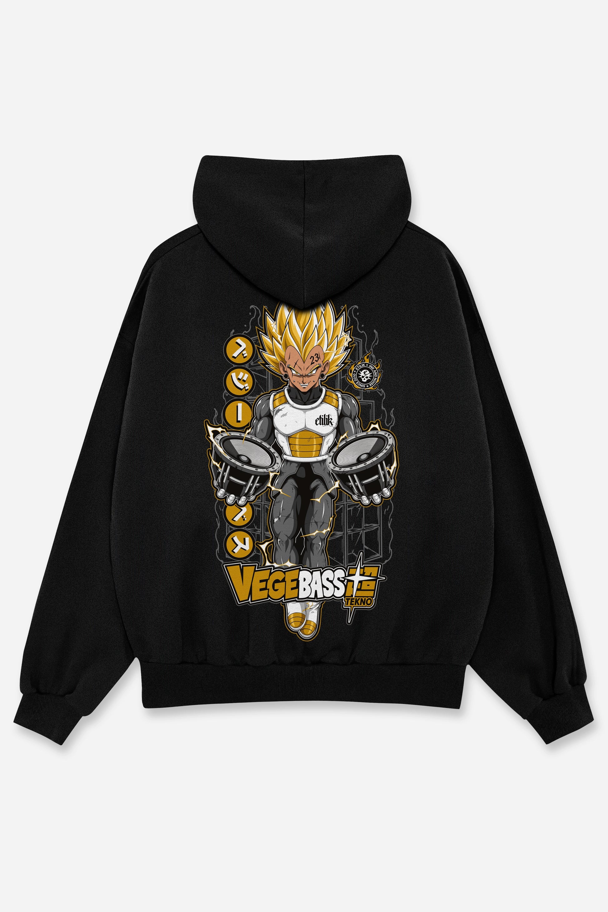 Veste à capuche zippée Vegebass noire, dos : bootleg de Vegeta en Super Saiyan (Dragon Ball Z), Etilik Wear