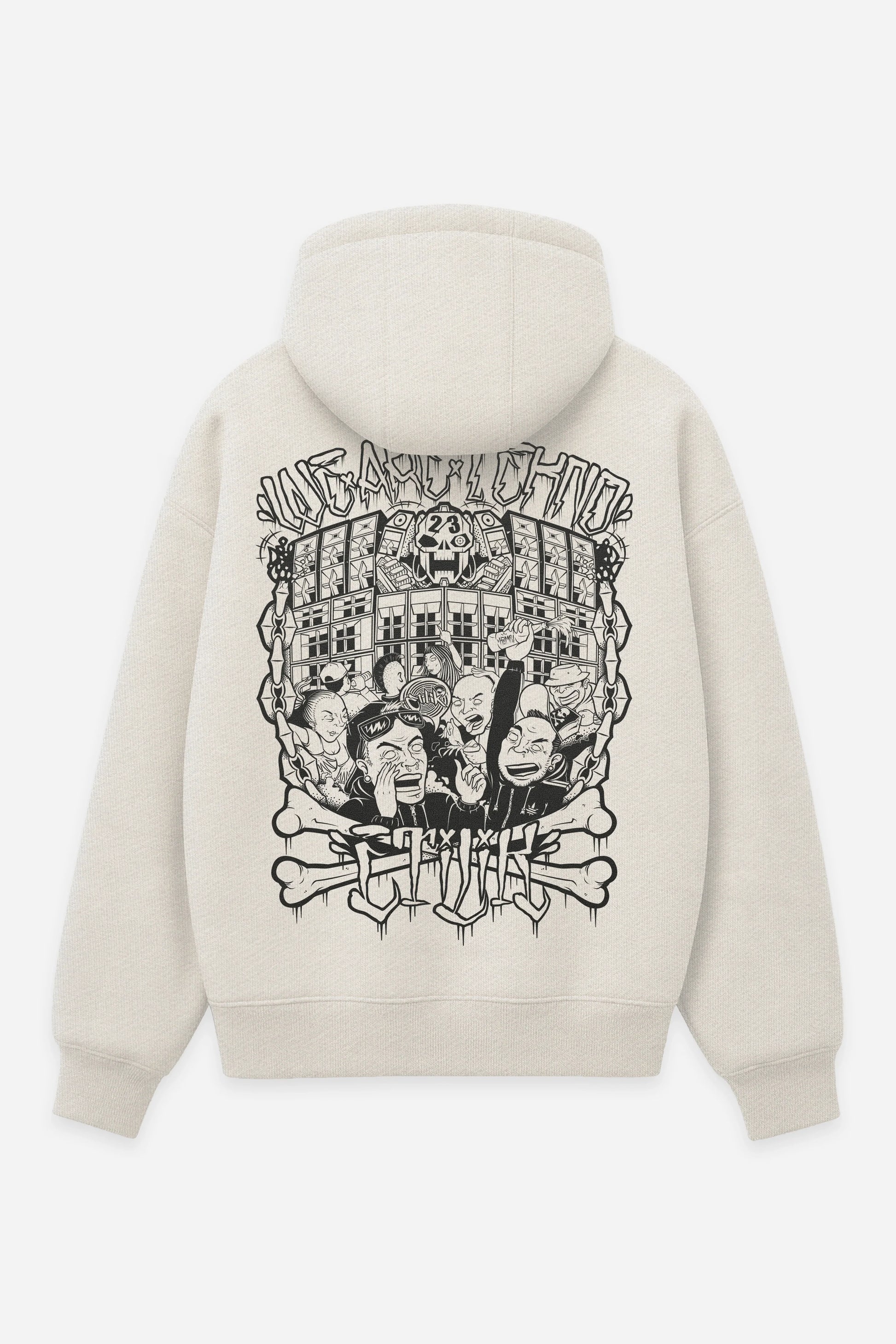 Hoodie We are Tekno vanilla, dos : design tattoo old school à iconographie religieuse, sweat à capuche Etilik Wear