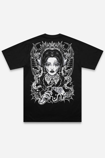 T-shirt Wednesday grey noir régular, dos : bootleg de Wednesday Addams, design pop culture, Etilik Wear