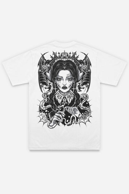T-shirt Wednesday grey blanc régular, dos : bootleg de Wednesday Addams, design pop culture, Etilik Wear