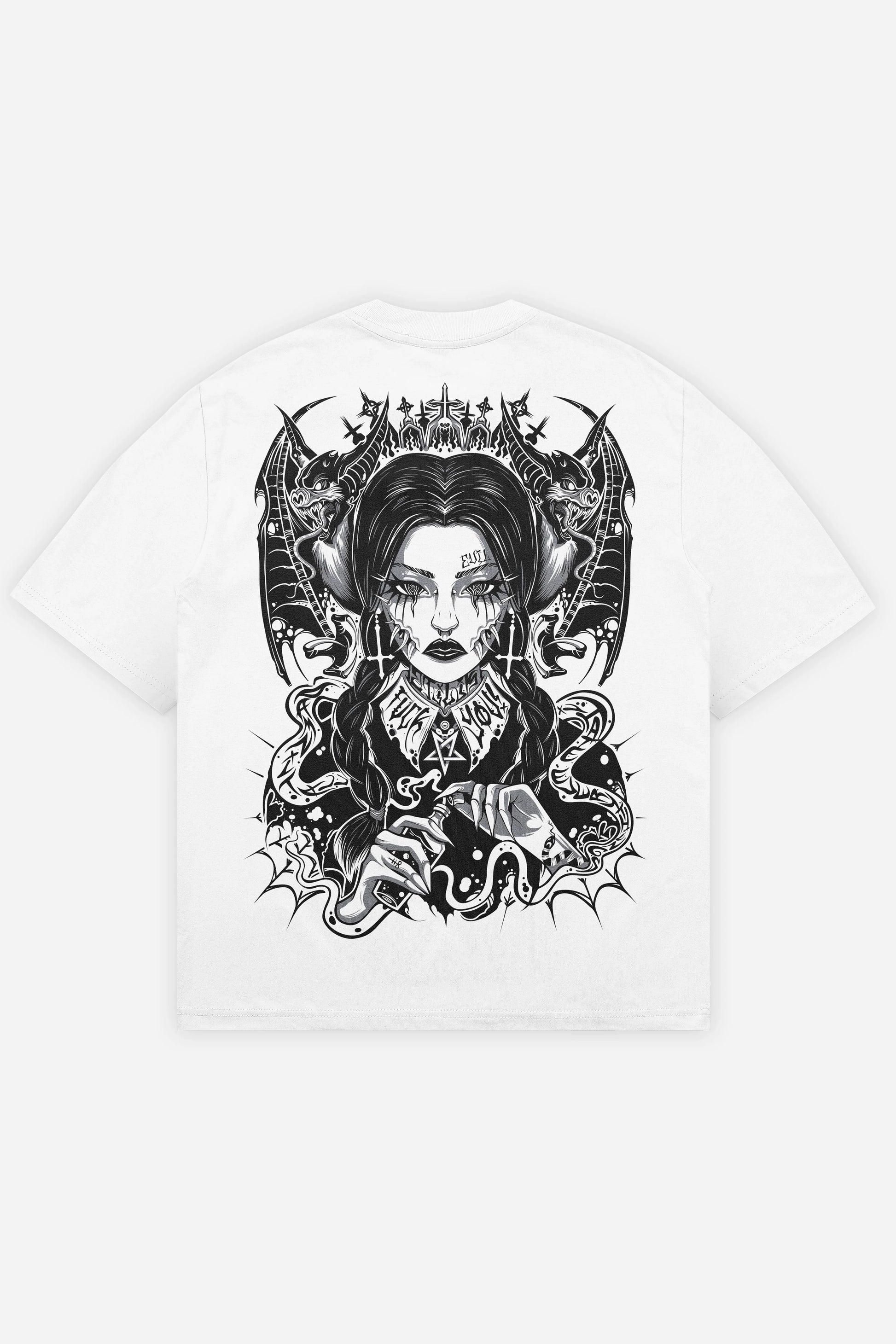 T-shirt Wednesday grey blanc oversize, dos : bootleg de Wednesday Addams, design pop culture, Etilik Wear