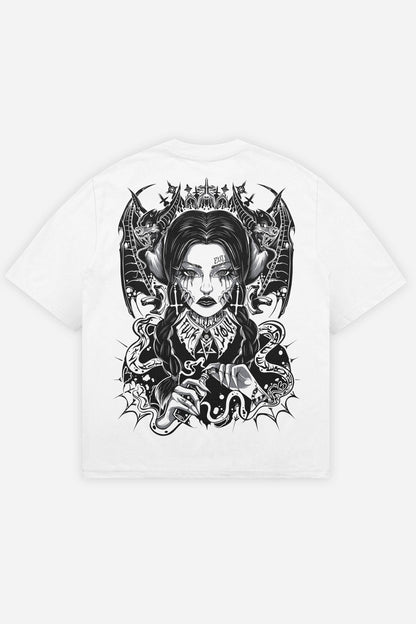 T-shirt Wednesday grey blanc oversize, dos : bootleg de Wednesday Addams, design pop culture, Etilik Wear