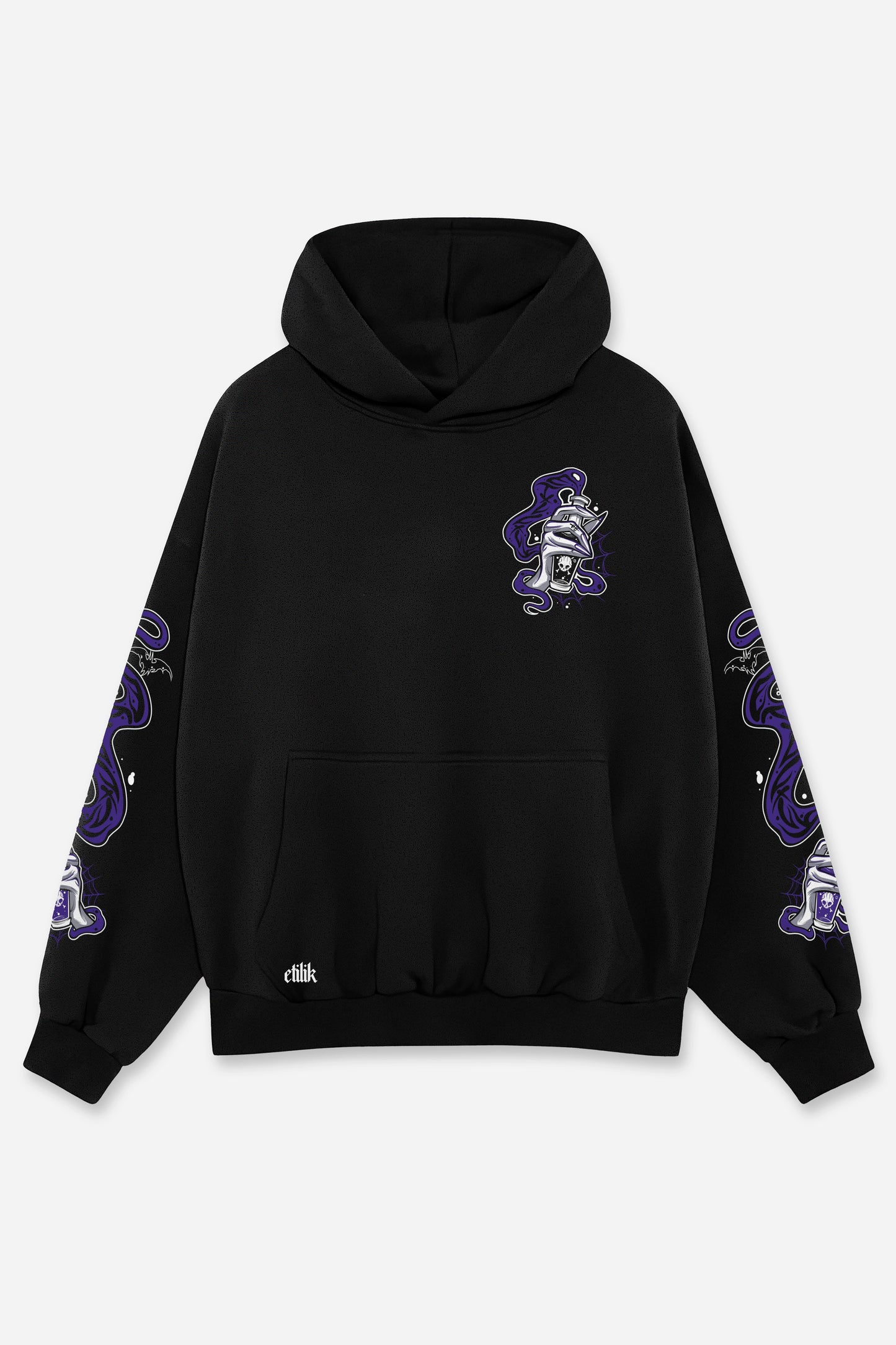 Hoodie Wednesday noir, face : logo Etilik, bootleg de Wednesday Addams, sweat à capuche Etilik Wear