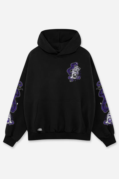 Hoodie Wednesday noir, face : logo Etilik, bootleg de Wednesday Addams, sweat à capuche Etilik Wear