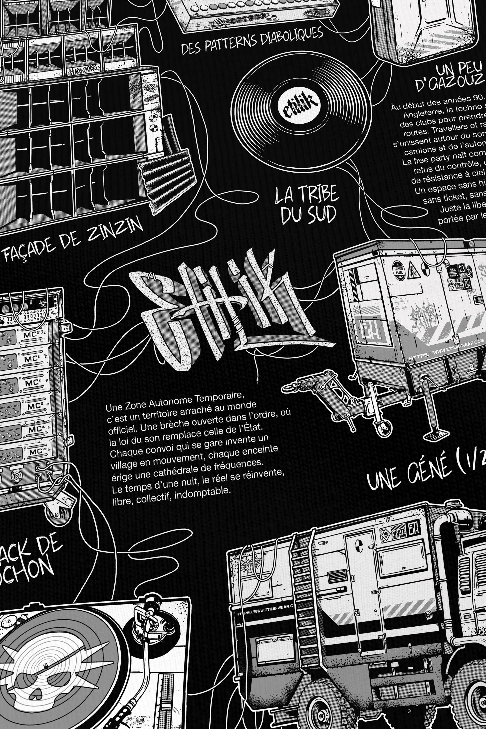 Zone Autonome Temporaire noir, zoom sur l'impression du visuel, Etilik Wear