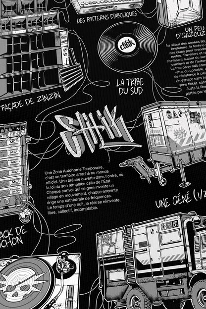 Zone Autonome Temporaire noir, zoom sur l'impression du visuel, Etilik Wear