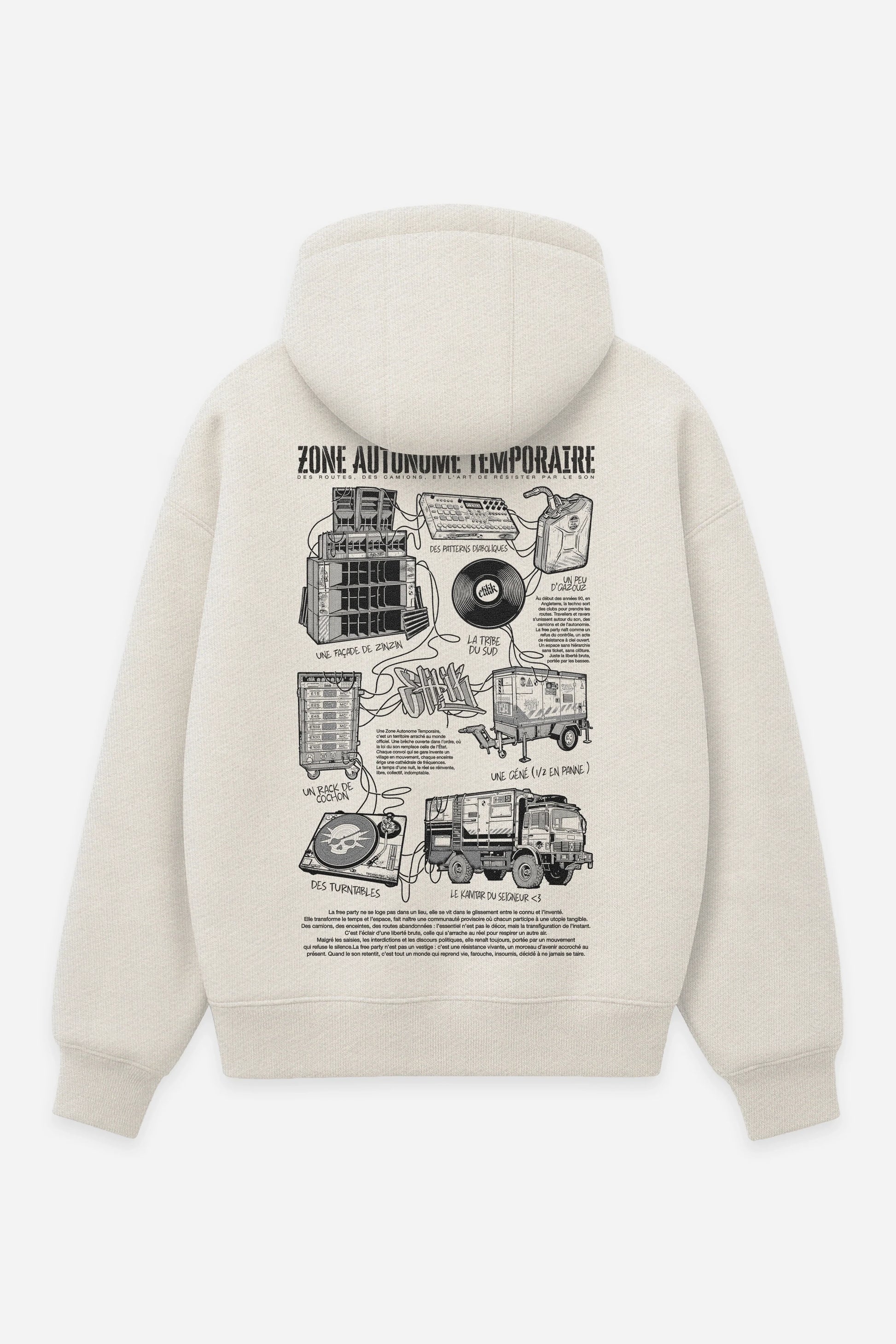 Hoodie Zone Autonome Temporaire vanilla, dos : design free party teuf rave, sweat à capuche Etilik Wear
