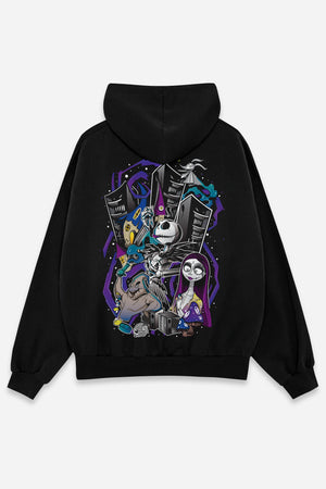 Hoodie L'étrange Rave noir, dos : bootleg de Jack Skellington & Oogie Boogie (L'Étrange Noël de M. Jack), sweat à capuche Etilik Wear