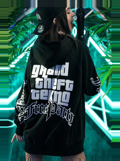 Veste à capuche zippée Grand Theft Tekno noire : bootleg GTA, pop culture, sweat à capuche Etilik Wear