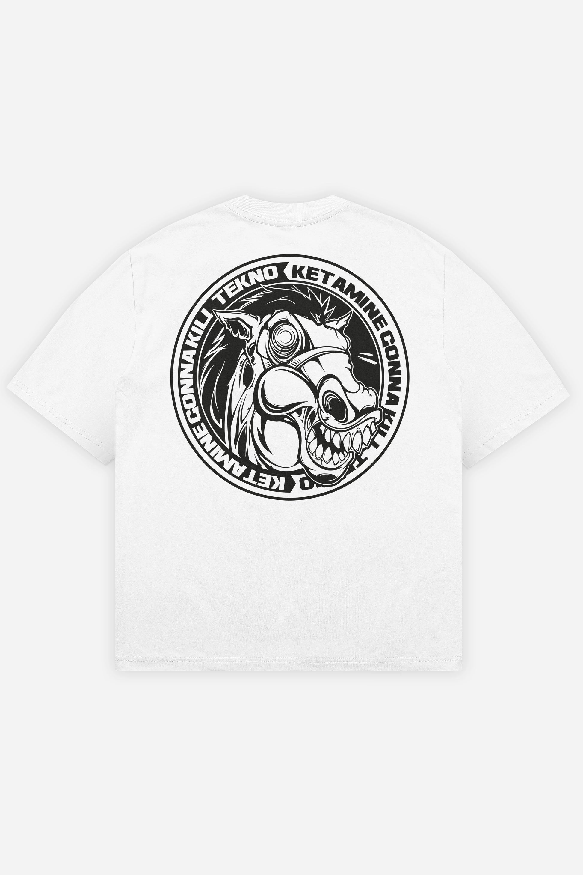 T-shirt Keta Kill Tekno blanc oversize, dos : design tekno hardcore, free party teuf rave, Etilik Wear