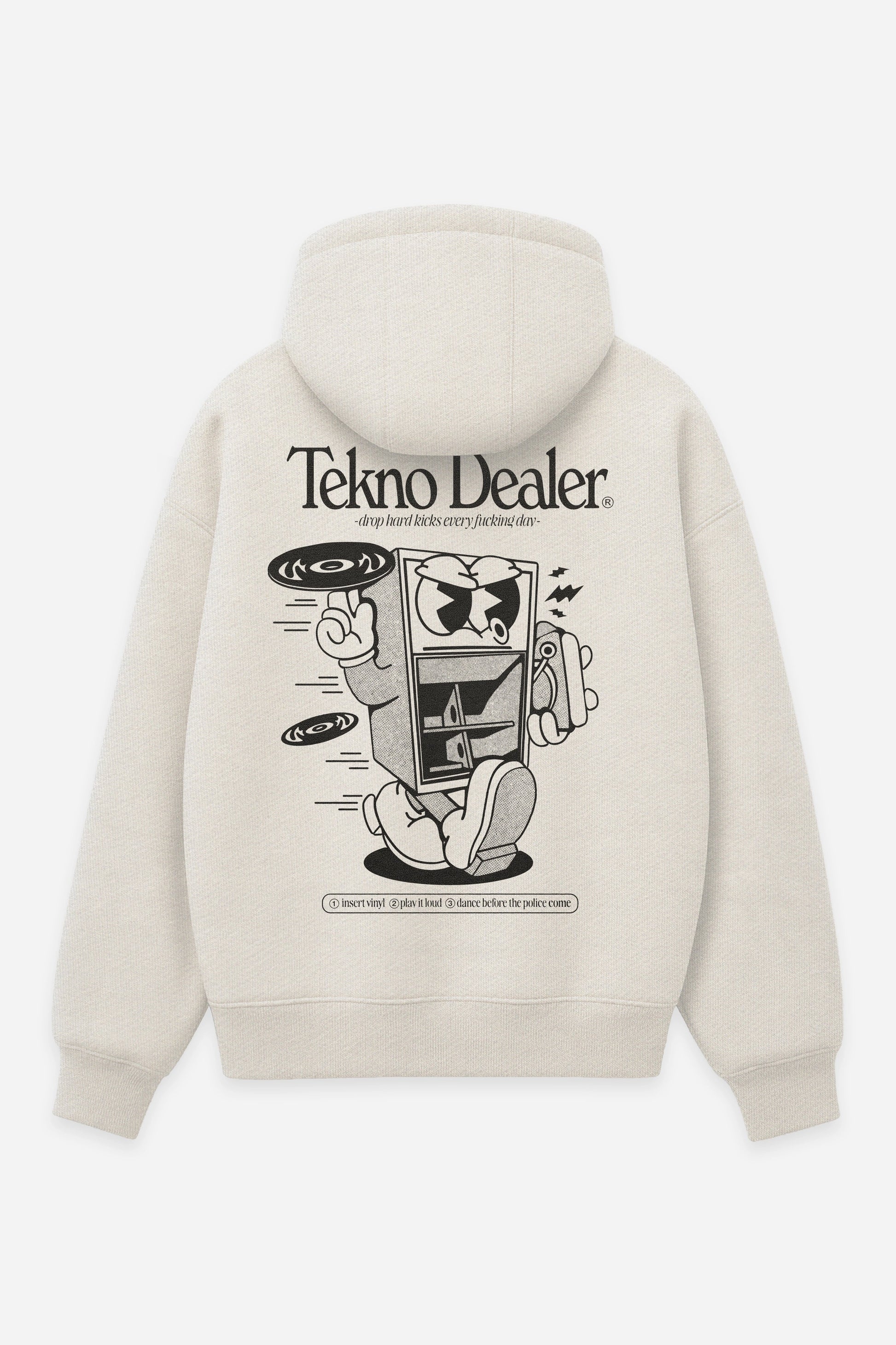 Hoodie Tekno Dealer vanilla, dos : Tekno Dealer par Etilik, design free party, sweat à capuche Etilik Wear