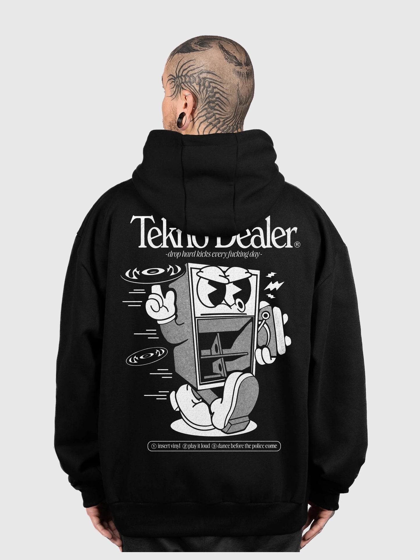 Veste à capuche zippée Tekno Dealer noire, dos : Tekno Dealer par Etilik, design free party, sweat à capuche Etilik Wear
