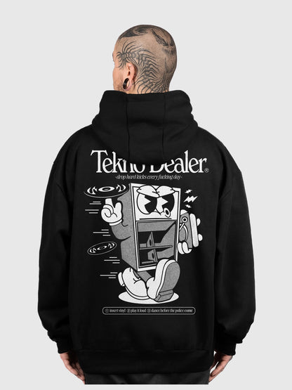 Veste à capuche zippée Tekno Dealer noire, dos : Tekno Dealer par Etilik, design free party, sweat à capuche Etilik Wear
