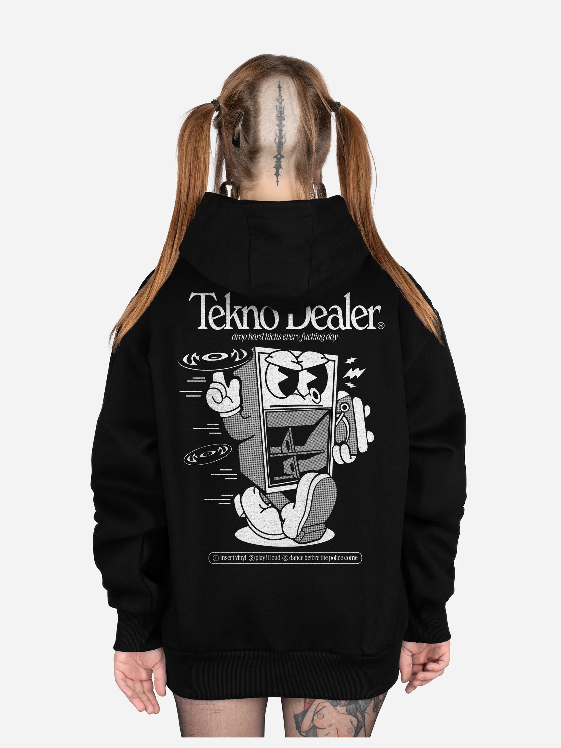 Veste à capuche zippée Tekno Dealer noire, dos : Tekno Dealer par Etilik, design free party, sweat à capuche Etilik Wear