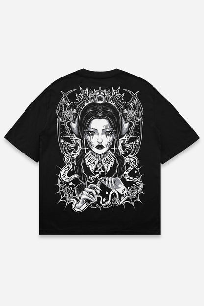 T-shirt Wednesday grey noir oversize, dos : bootleg de Wednesday Addams, design pop culture, Etilik Wear