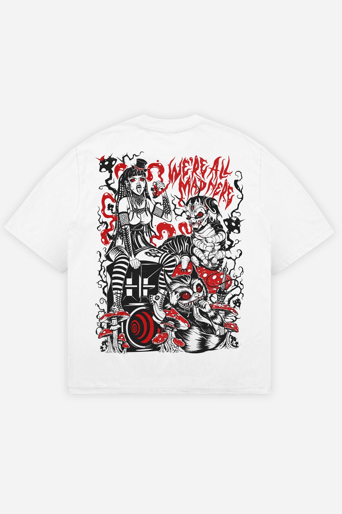 T-shirt We're all mad blanc oversize, dos : bootleg Alice au pays des merveilles, Etilik Wear